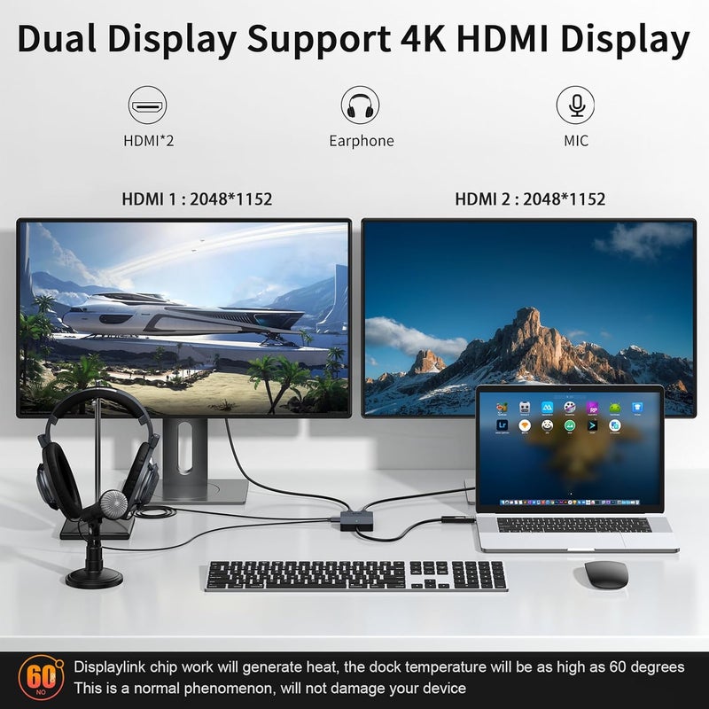 Giq HDMI Splitter Extended Display for Dual Monitor, Dual 2K@60Hz Universal Video Graphics USB to Dual HDMI Adapter for USB 3.0 / USB-C Adapter, Compatible with USB4,Windows and Mac1 - Image 3